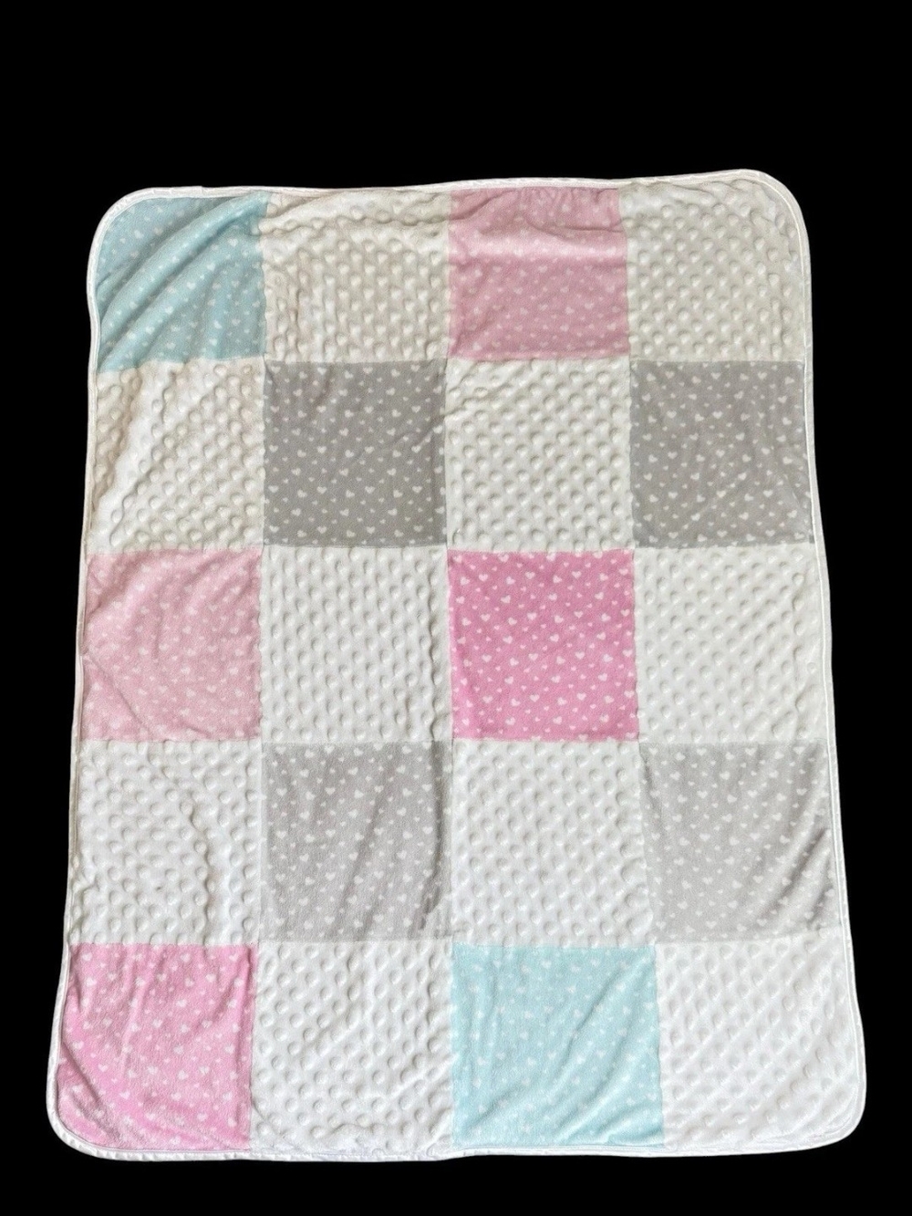 Just Born Hearts Plush Patchwork Baby Blanket - Pink, Gray, Blue, White